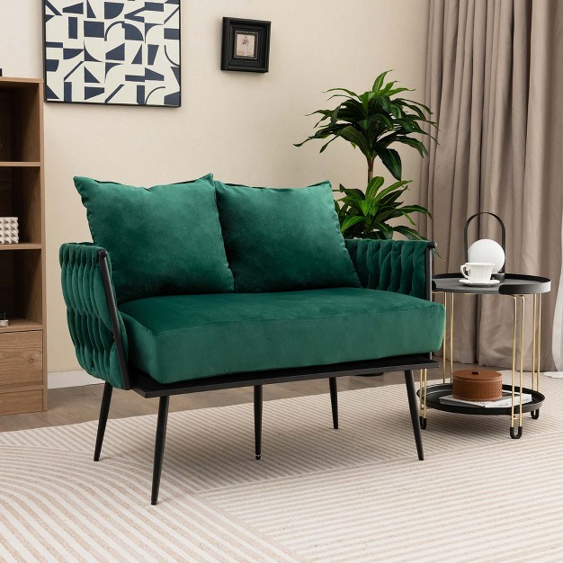 Costway Modern Loveseat Sofa Upholstered Dutch Velvet Couch With Woven Back amp Arms Green grey