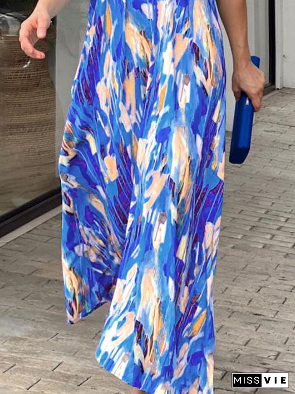 Loose Short Sleeves Multi-Colored Printed V-Neck Maxi Dresses