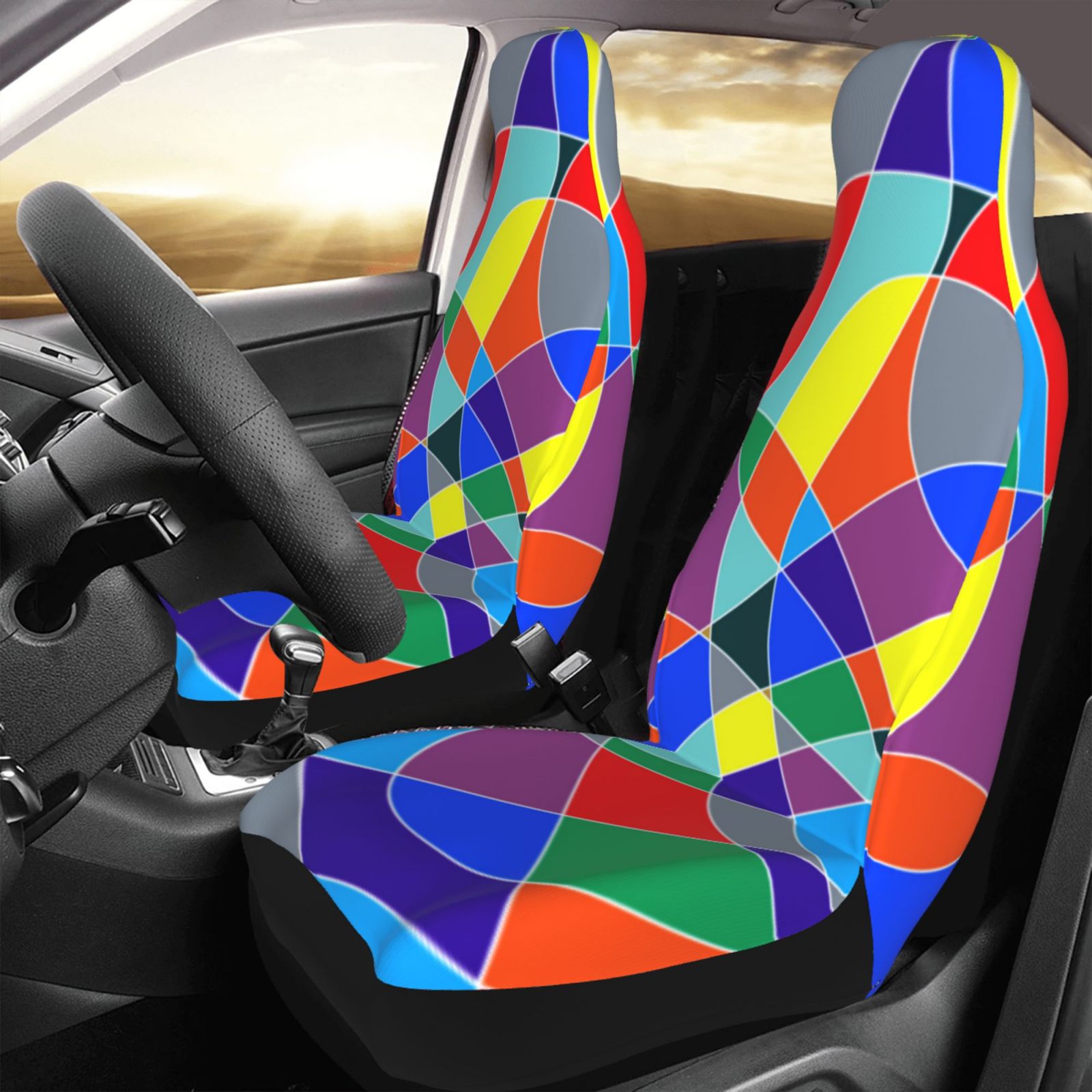 TEQUAN Front Seat Covers， Stained Mosaic Glass Pattern 2 Piece Car Seat Cover Fit Most Car SUV Truck Van