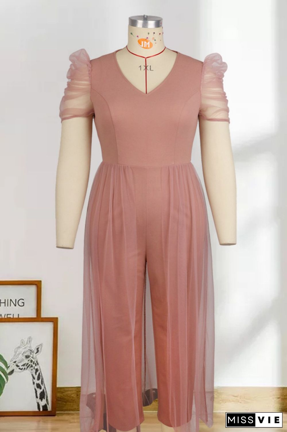 Light Pink Casual Solid Patchwork V Neck Plus Size Jumpsuits