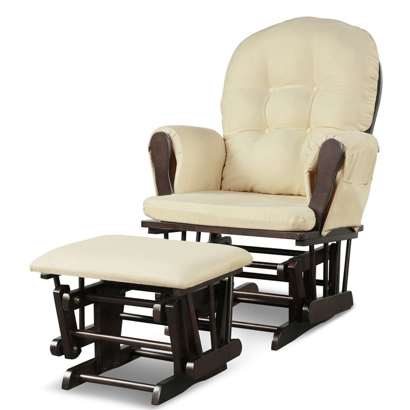 Wood Baby Glider Rocking Chair Nursery Chair with Gliding Ottoman & Storage Pocket