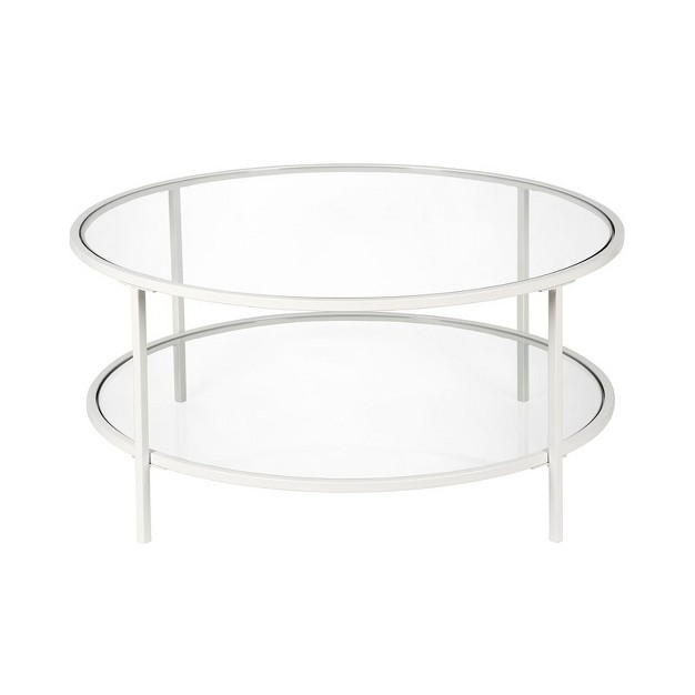 Two Shelf Round Metal Base Coffee Table In White With Glass Top Henn amp hart