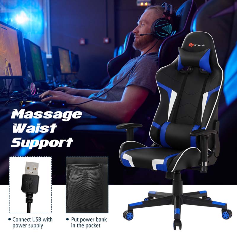 Ergonomic Swivel Massage Gaming Chair Recliner, E-Sport Gamer Racing Chair, Computer Office Chair with Headrest & Lumbar Support