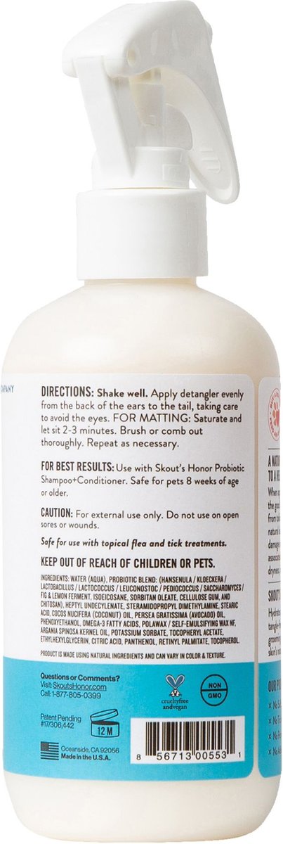 Skout's Honor Probiotic Unscented Daily-Use Dog Detangler Spray， 8-oz bottle