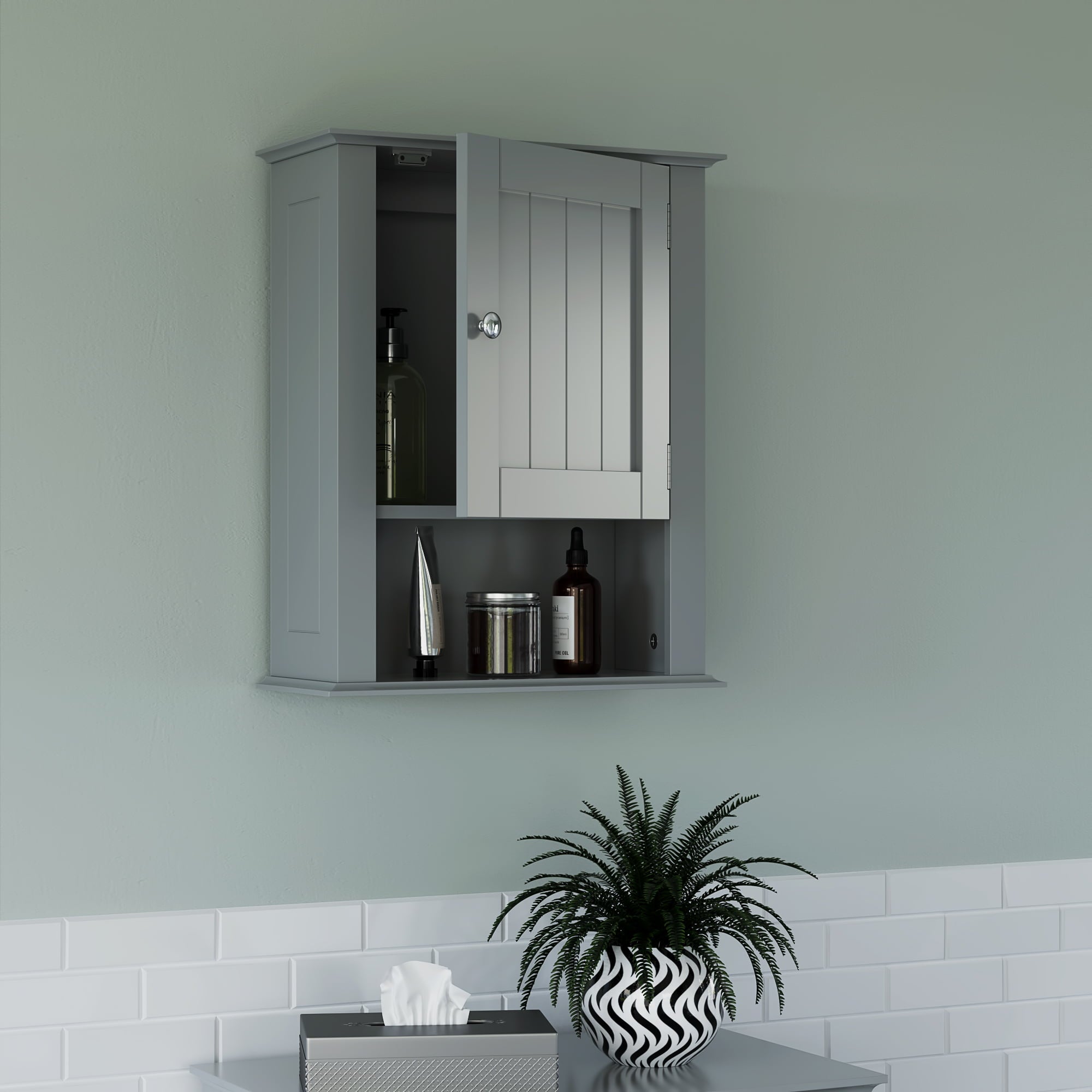 RiverRidge Home Ashland Collection Bath Single Door Wall Cabinet with Open Shelf, Gray