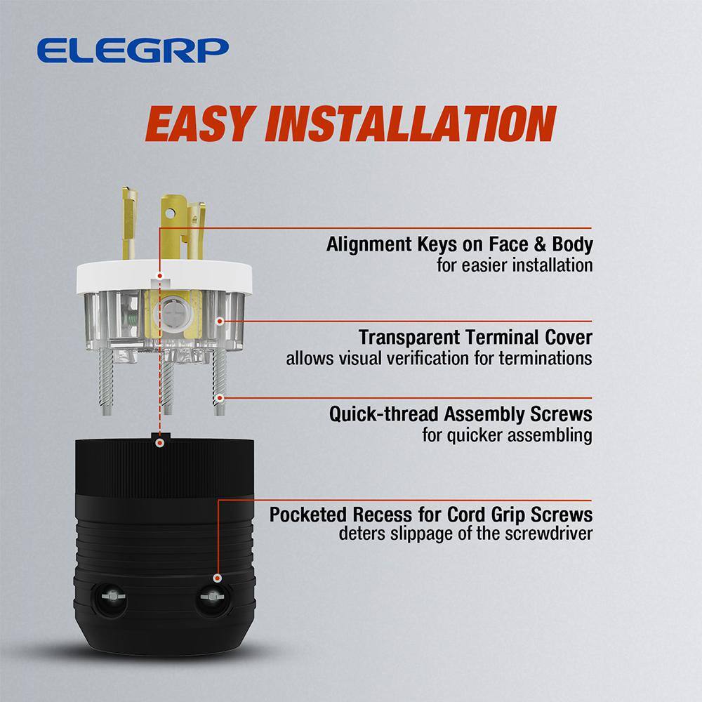 ELEGRP 20 Amp 250-Volt NEMA L6-20P Locking Plug Industrial Grade Grounding Heavy-Duty BlackWhite L0620P