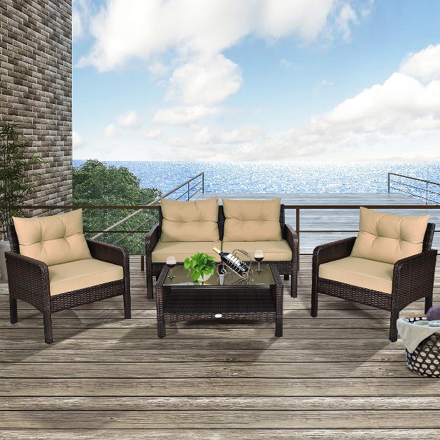 Costway 4pcs Patio Rattan Furniture Set Loveseat Sofa Coffee Table Sofa W cushion Garden