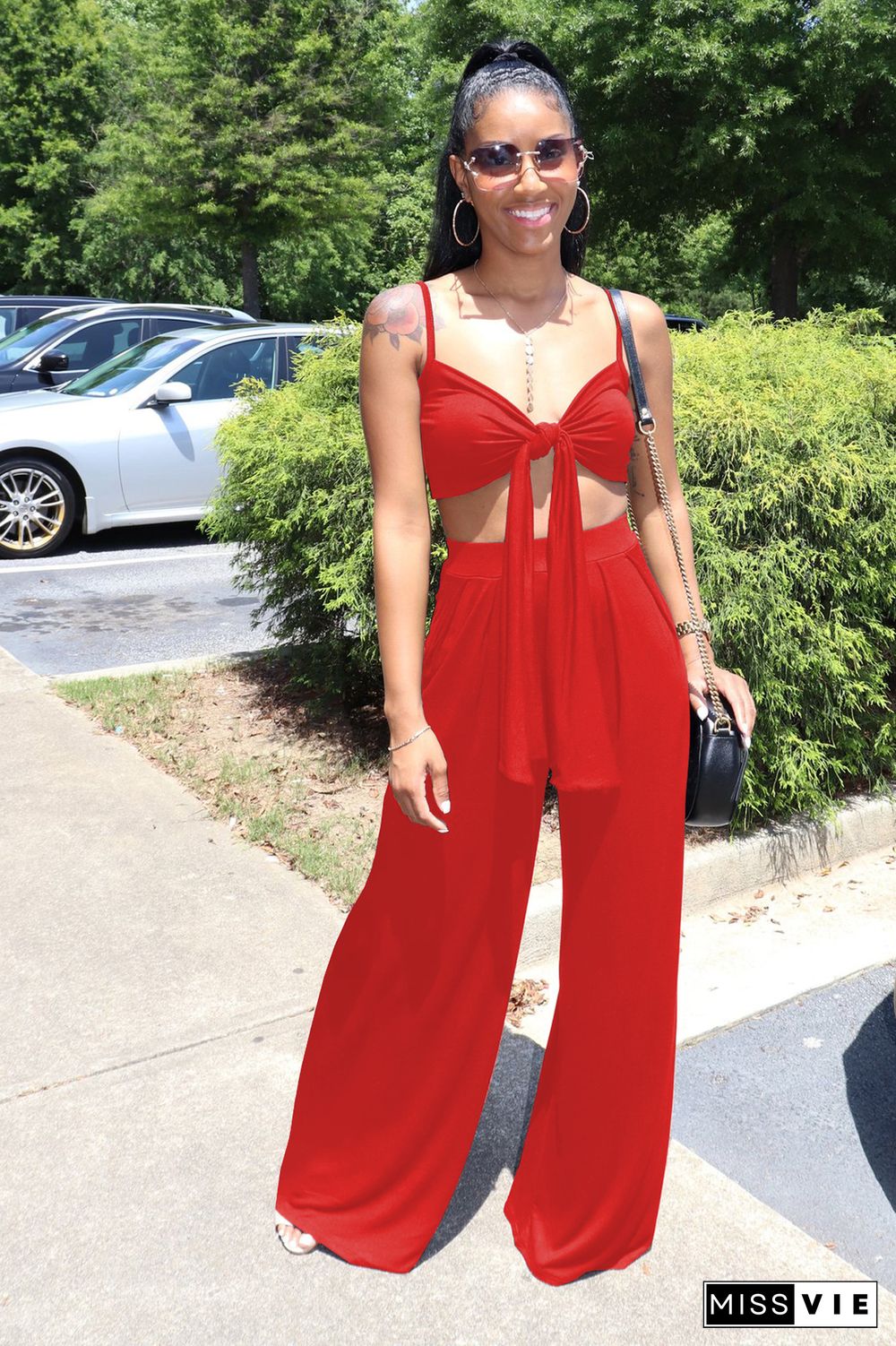 Sexy Solid Color Spaghetti Straps Bandage Wrap Chest Crop Top Loose Long Pants Two Piece Set