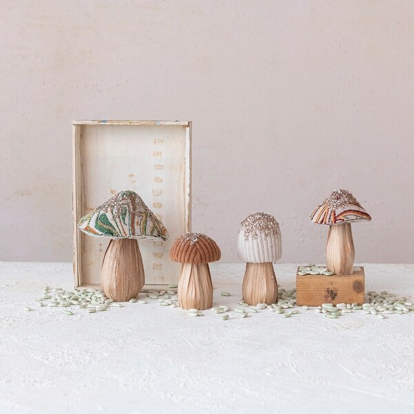 Fabric Topped Foam Mushrooms with Wood Base，Sequins，and Glitter，Set of 4