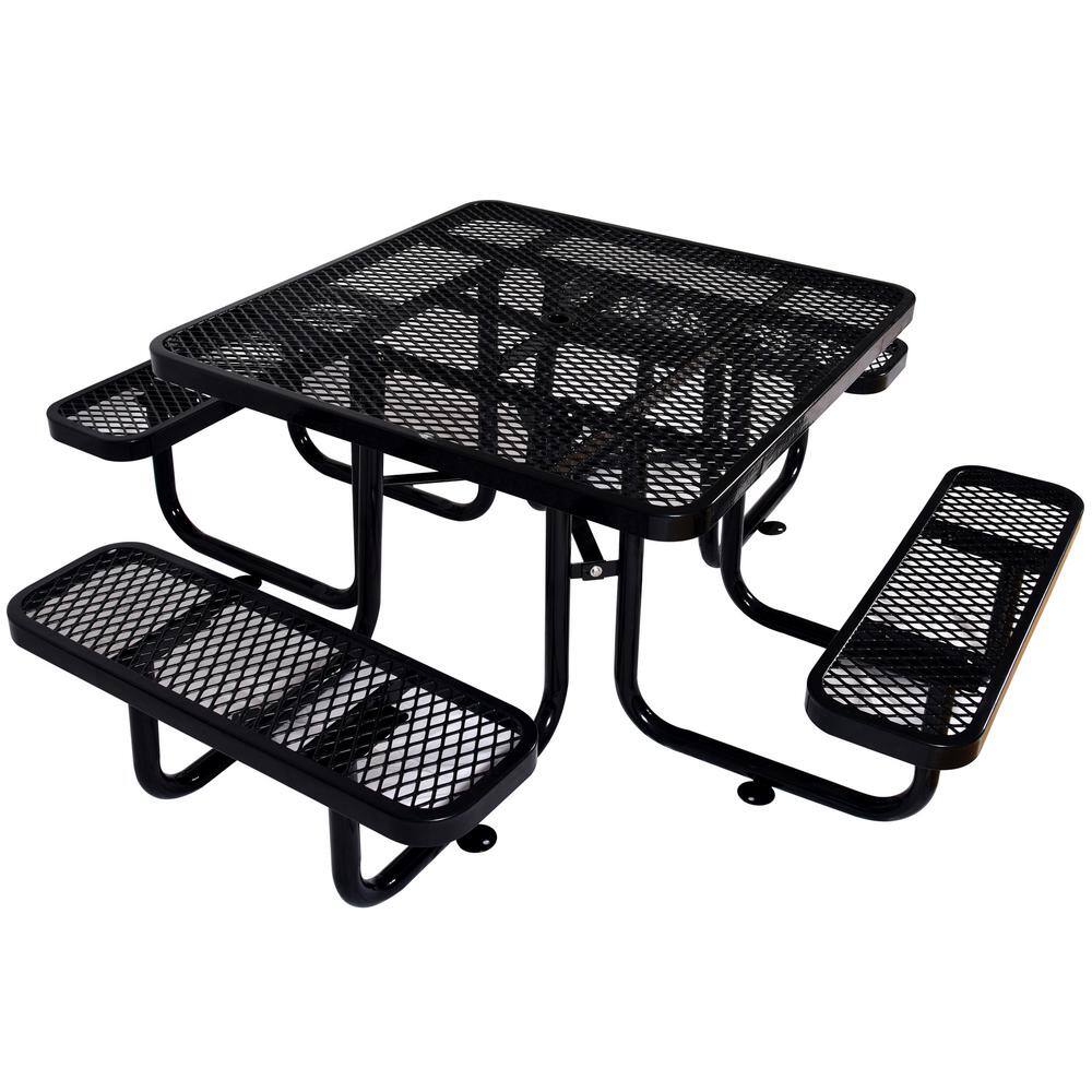 Cesicia Black 82.9 in. Square Outdoor Steel Picnic Table with Umbrella Pole in Black M23od526Mc12