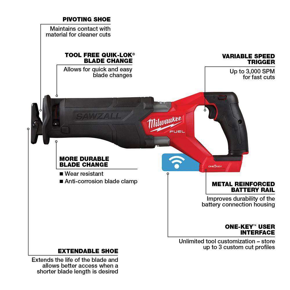 MW M18 FUEL ONE-KEY 18V Lithium-Ion Brushless Cordless SAWZALL Reciprocating Saw (Tool-Only) 2822-20