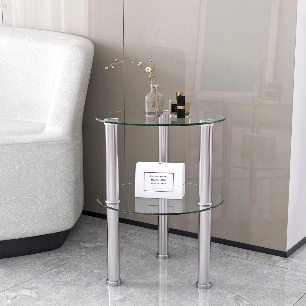 2 Tier Tempered Glass End Table  Round Coffee Table Sofa Side Table for Small Space