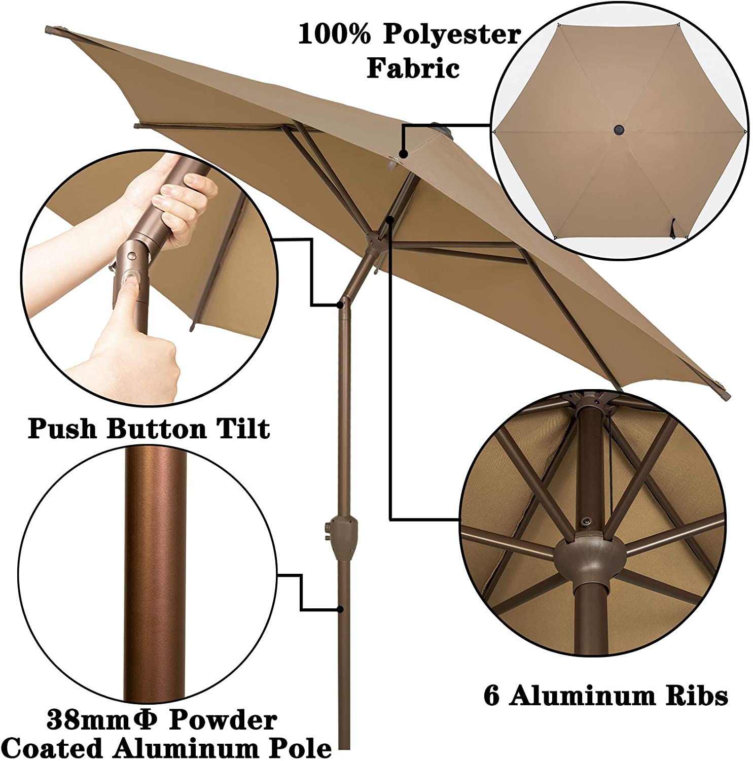 Bibana 7.5 FT Patio Umbrella Outdoor Table Umbrella with Push Button Tilt and Crankfor Terrace, Backyard, Garden, Courtyard, Swimming Pool, Lawn (Tan)