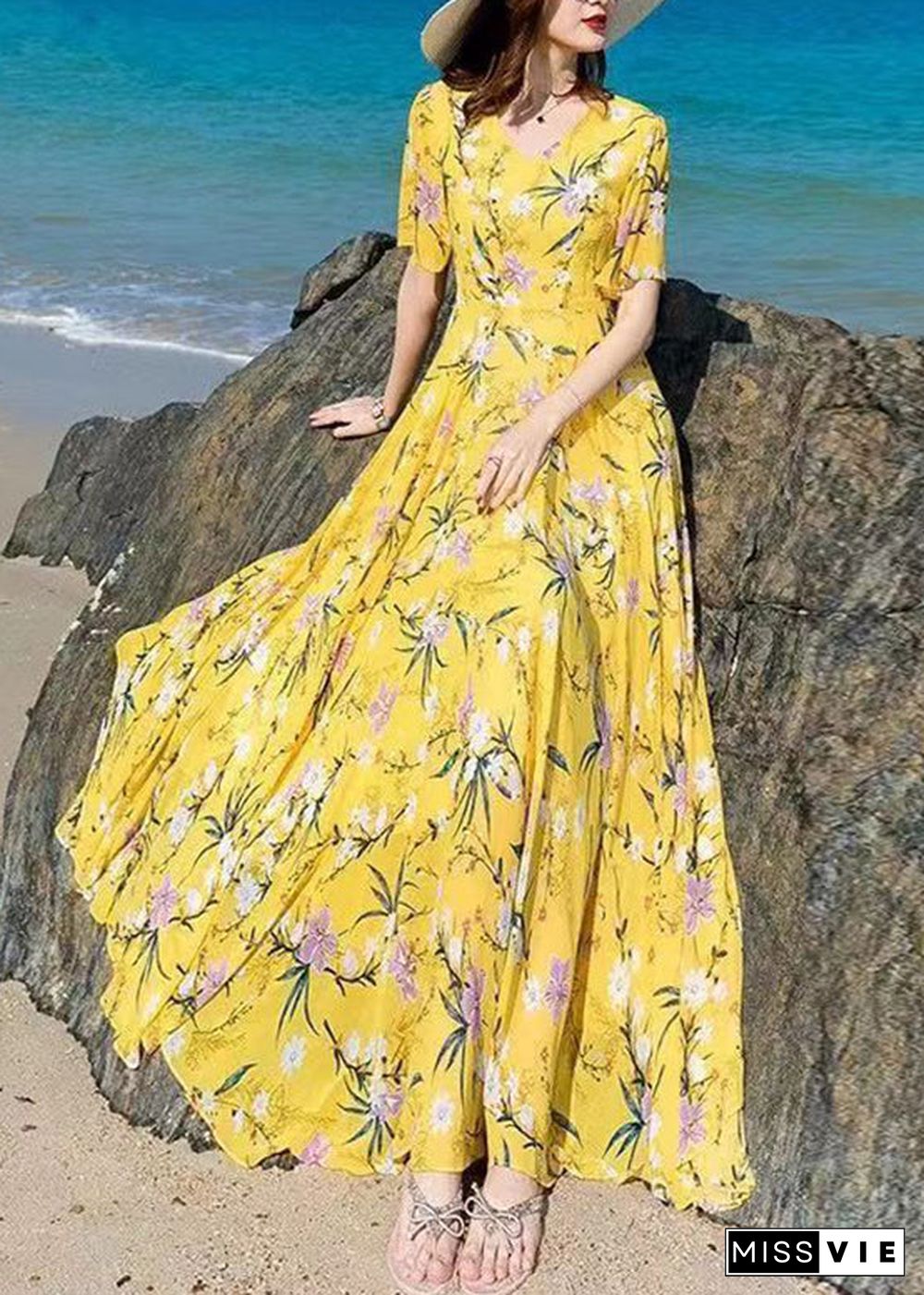 Vogue Blue V Neck Print Chiffon Maxi Beach Dresses Summer