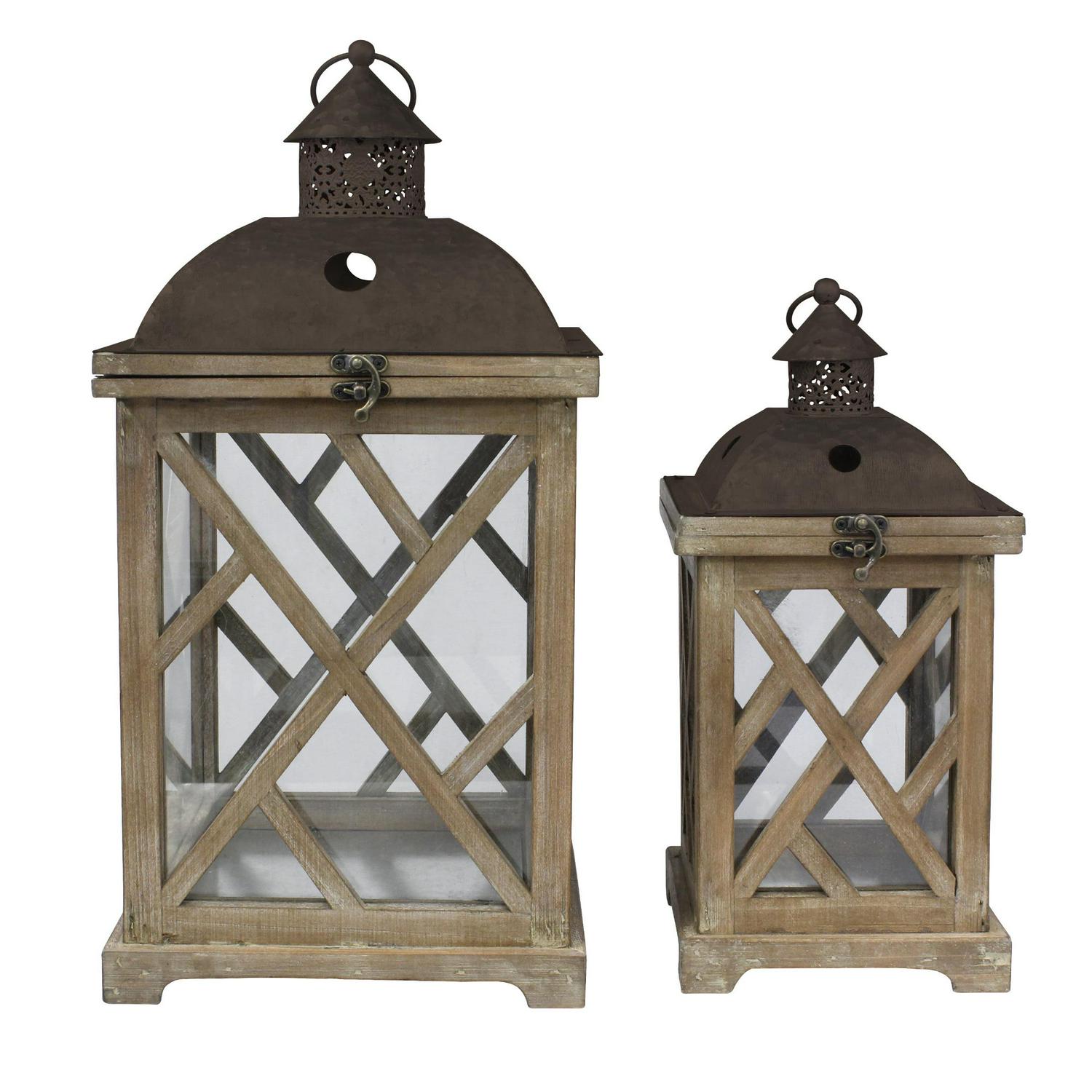 Stonebriar Collection Natural Wood Outdoor Candle Holder Set， (Set of 2)