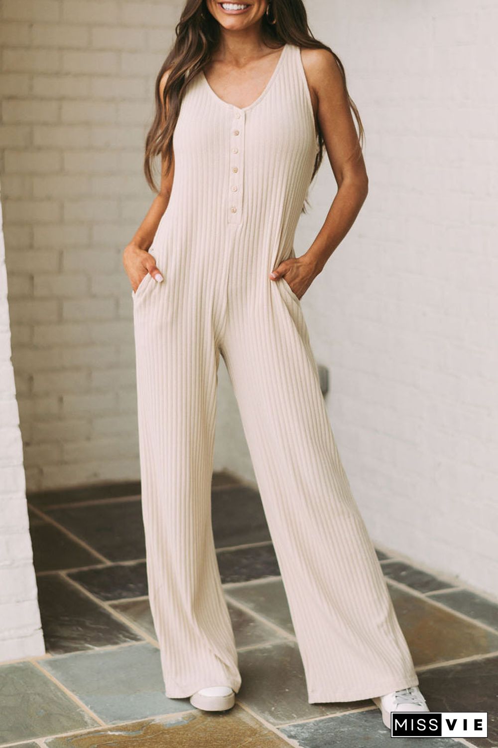 Apricot Sleeveless Buttoned Ribbed Wide Leg Jumpsuit with Pockets