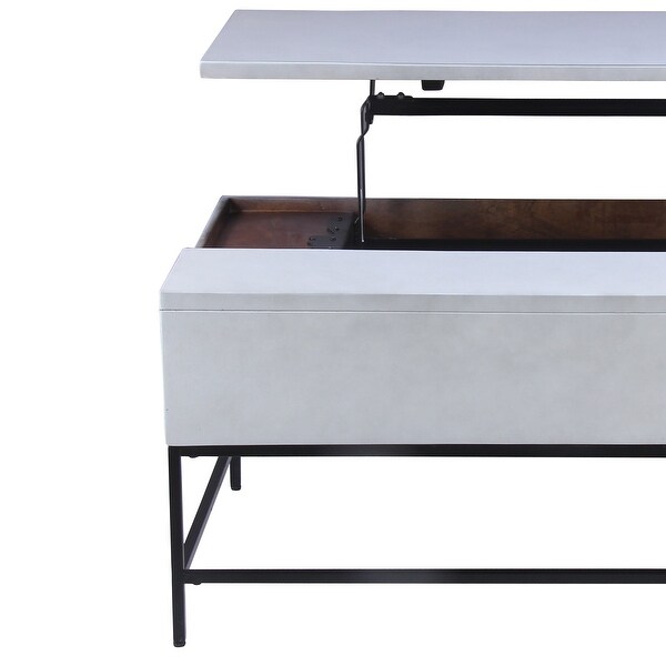 45 Inch Rectangular Mango Wood Coffee Table， Lift Top Storage， Iron Frame， White， Black