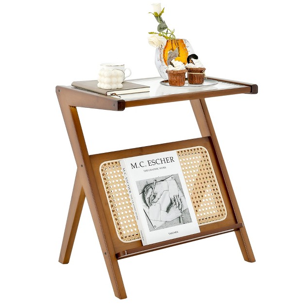 Costway Rattan Side Table Bamboo Accent Bedside Table With Tempered Glass Top Walnut natural