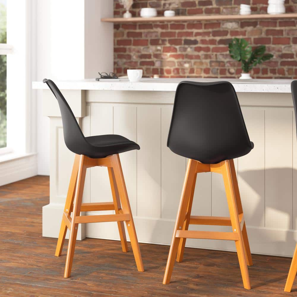 TAYLOR + LOGAN 27 in. Black/Natural Mid Wood Bar Stool with Leather/Faux Leather Seat CO-504844-TAYLH