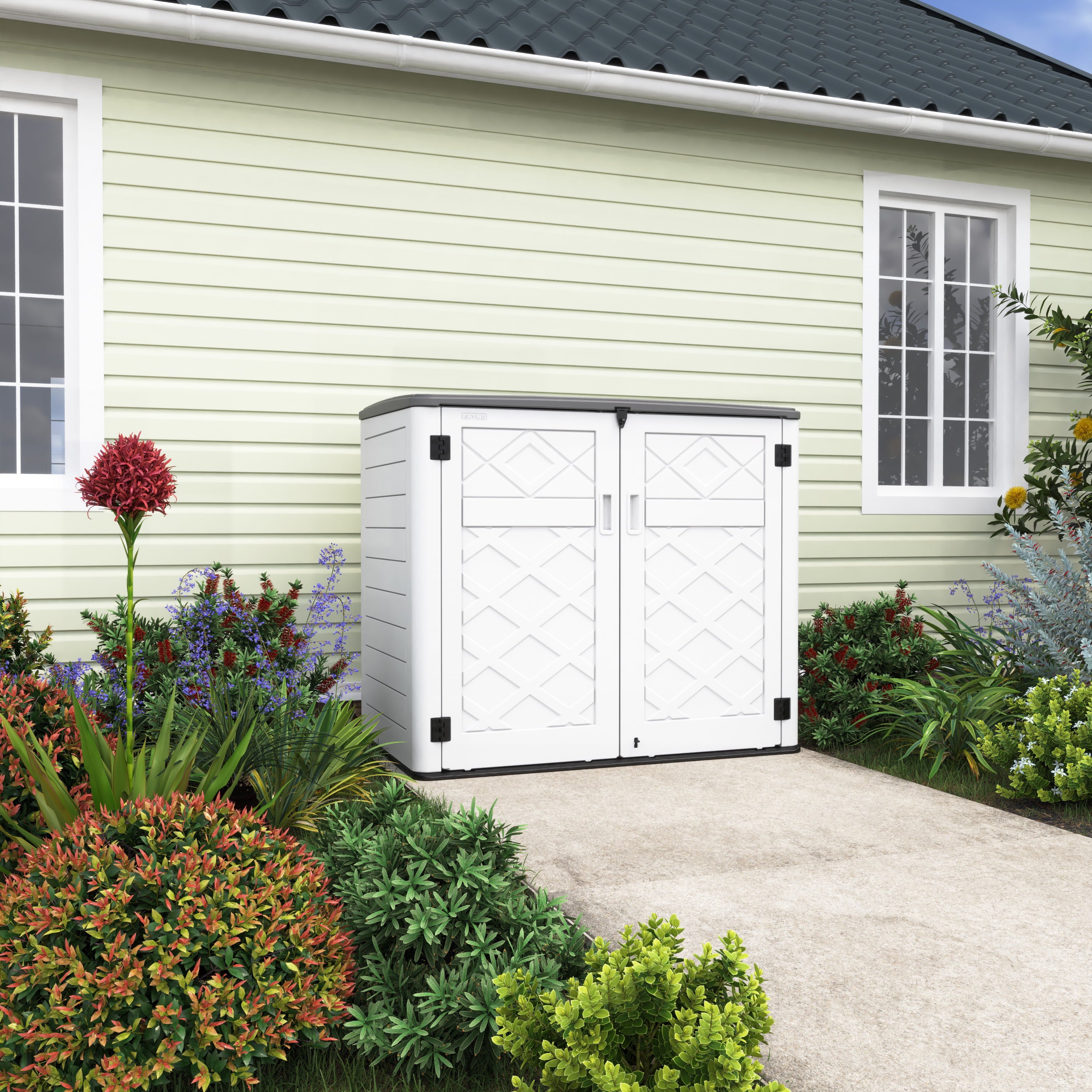 KINGYING 4.4 x 2.8 Large Horizontal Storage Shed Lockable, Thick HDPE Plastic Storage Unit for Backyards, Patio, Garden