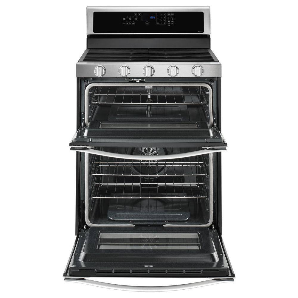 Whirlpool 6.0 cu. ft. Double Oven Gas Range with Center Oval Burner in Stainless Steel WGG745S0FS