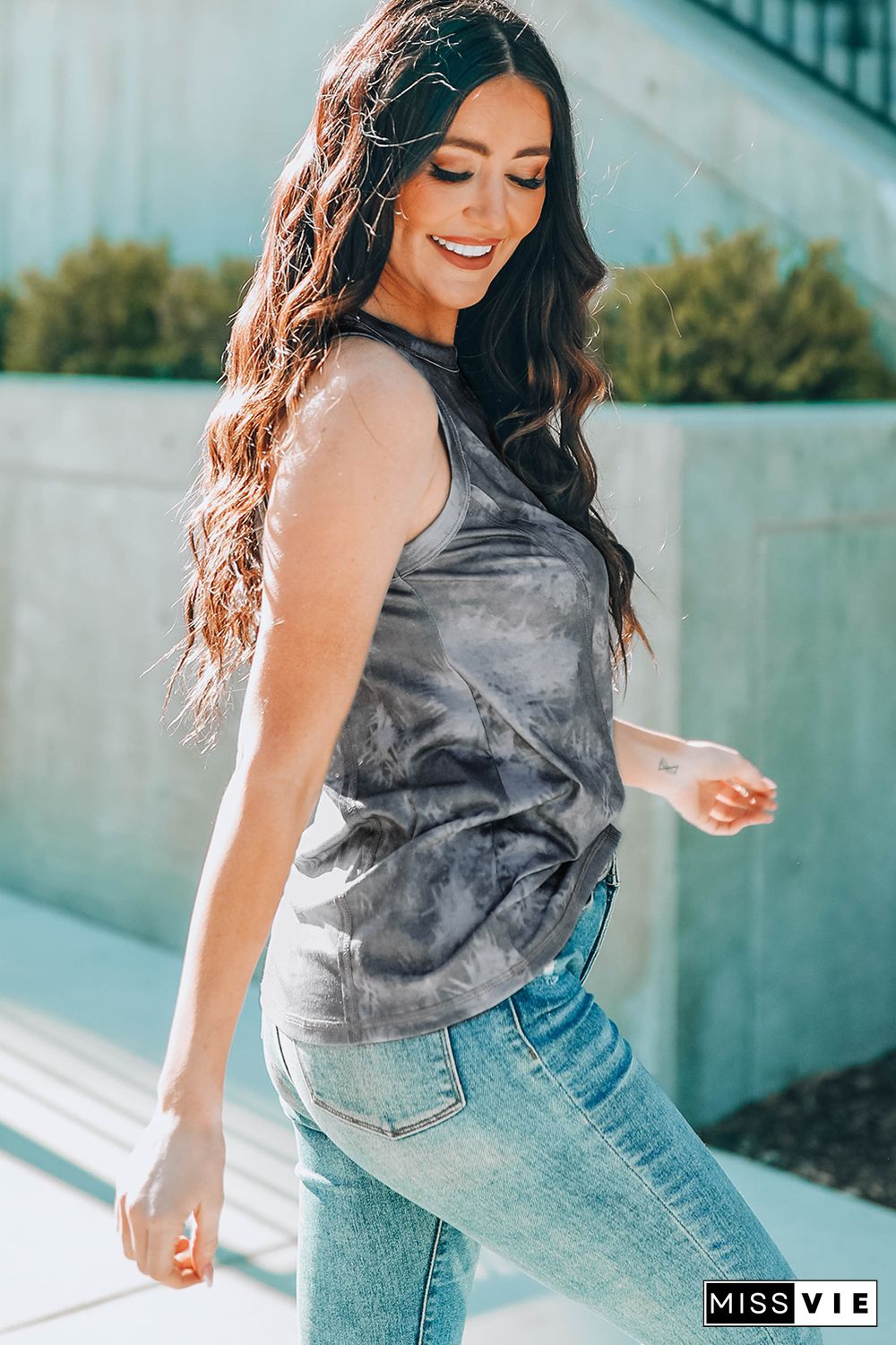 Gray Tie Dye Print Seamed Crew Neck Tank Top