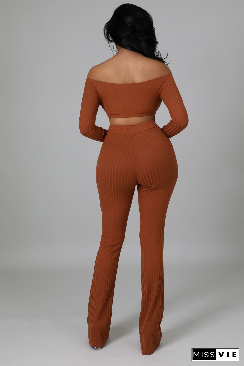 Off Shoulder Long Sleeve Top Flared Pants Set