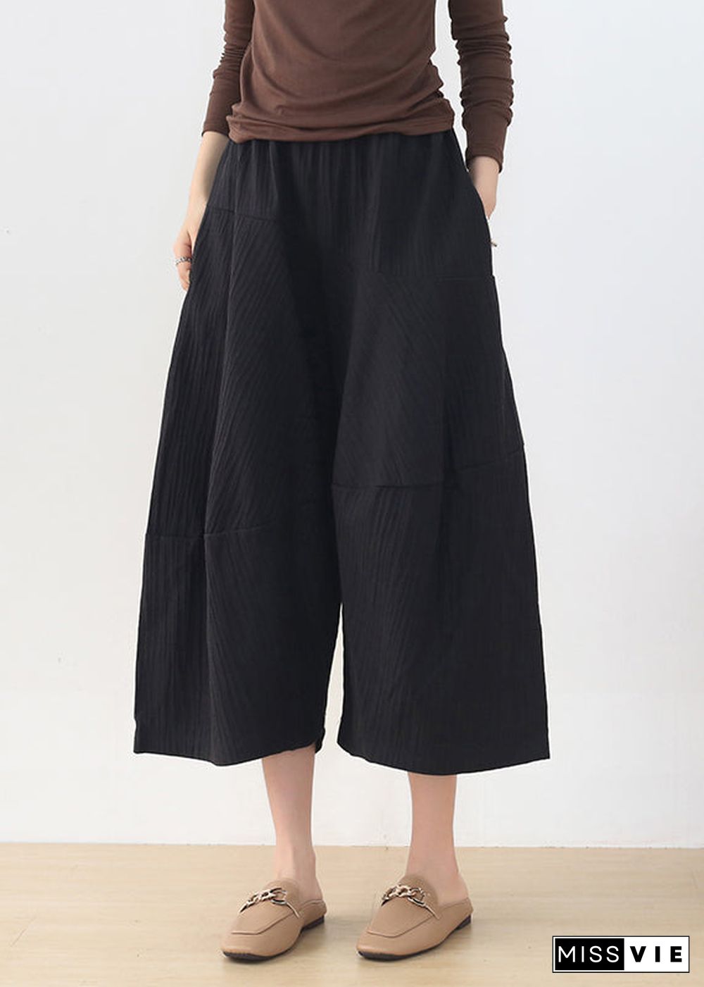 Casual Black Elastic Waist Pockets Linen Wide Leg Pants Fall