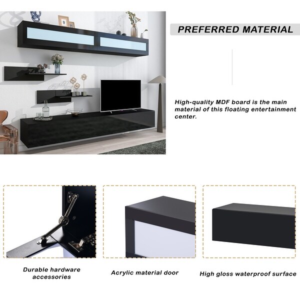 95''W High Gloss RGB LED Wall Mount Floating DIY TV Stand with Modular Assembly