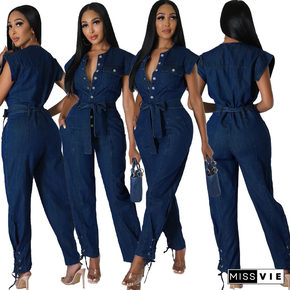 Plain Denim Belt Casual Jumpsuit