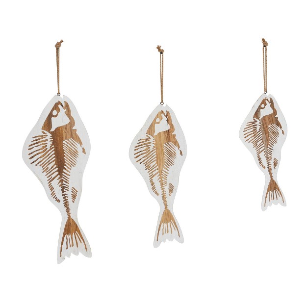 Set Of 3 Wood Fish Wall Decors With Hanging Rope White Olivia amp May