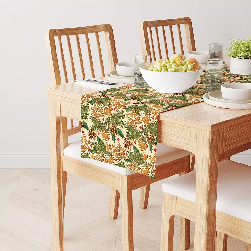 Table Runner， 100% Polyester， 14x108， Holiday Gingerbread Cookies and Pinecones