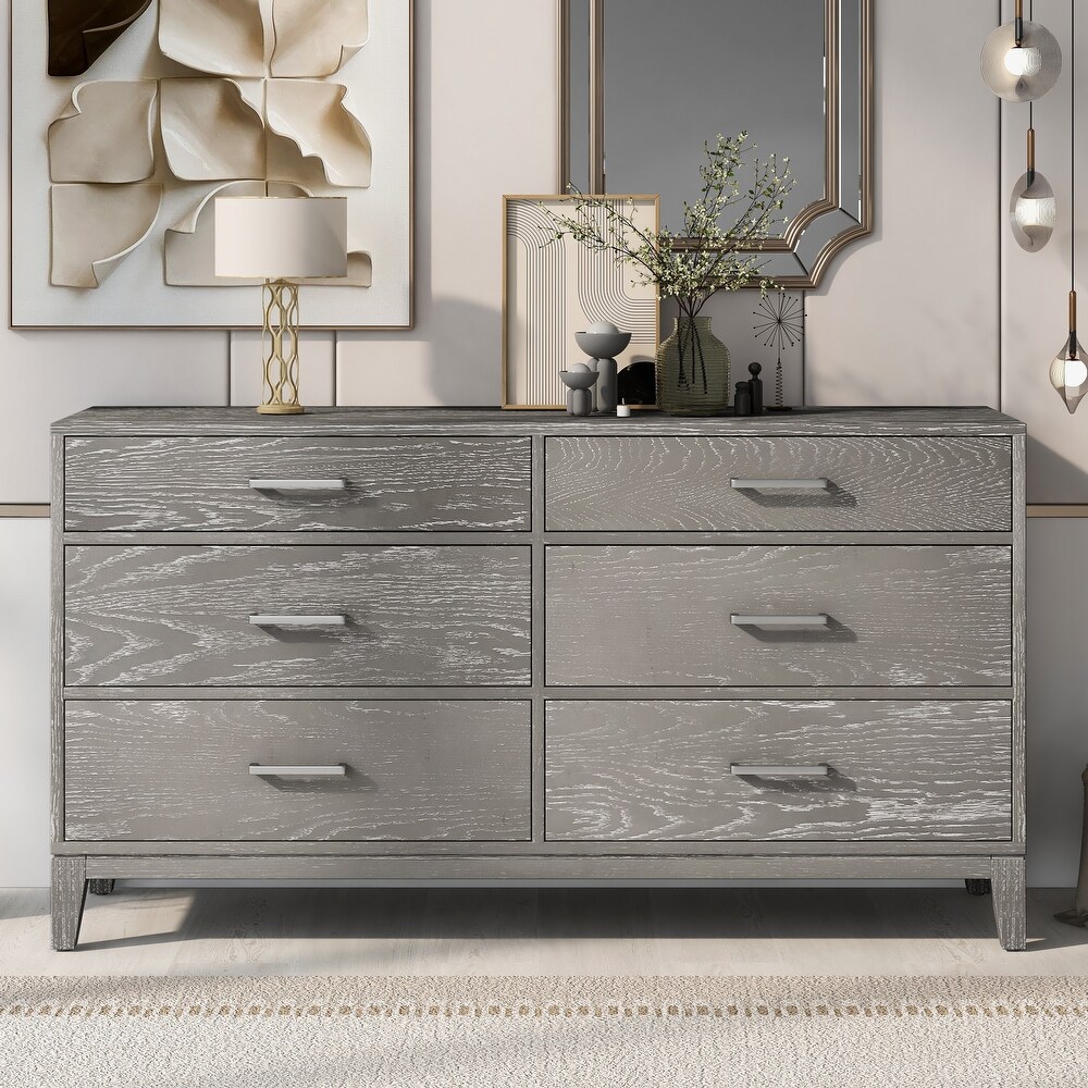 Gray Modern Gray Grain 6 Drawer Dresser with Tapered Legs and Smooth Gliding Drawers