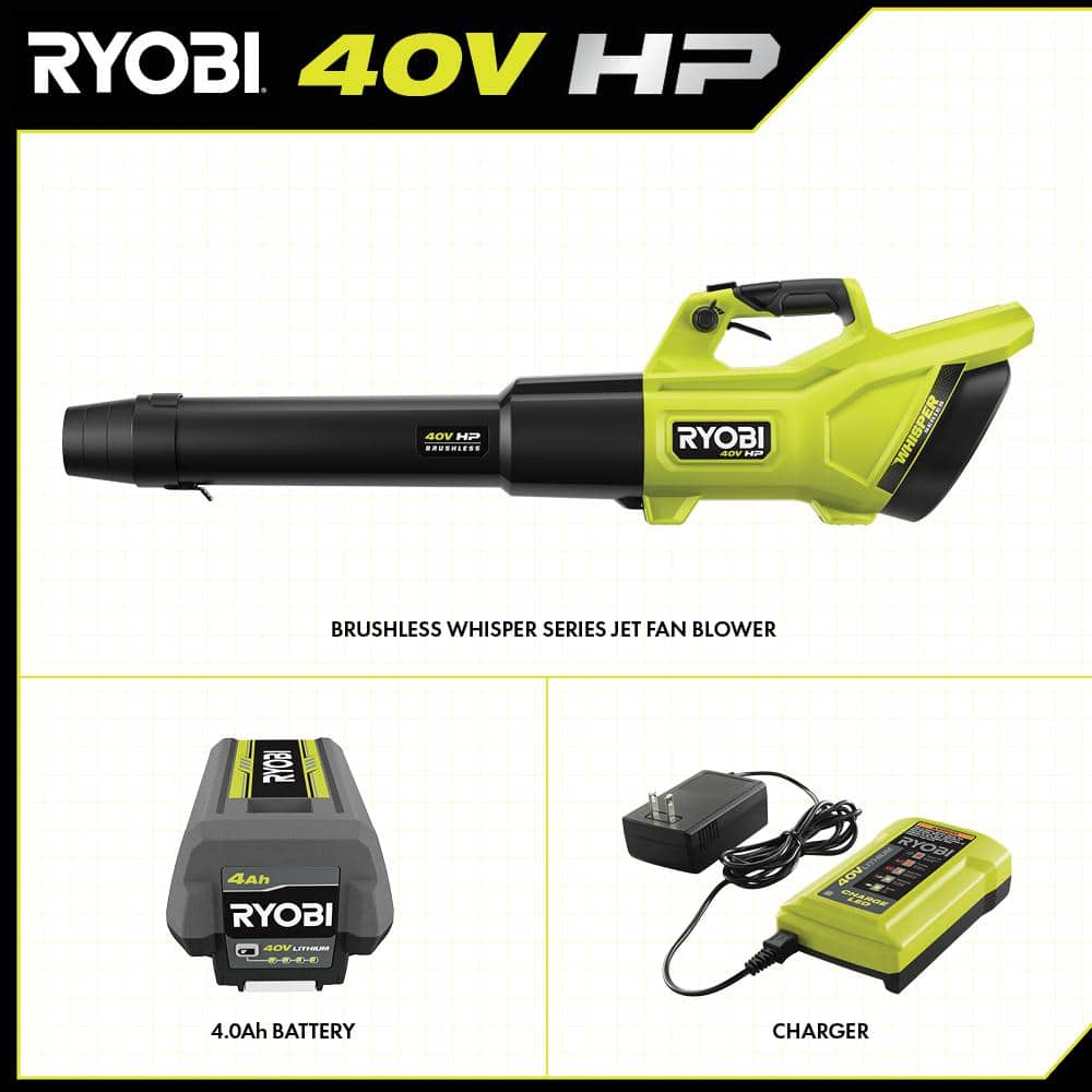 RYOBI 40V HP Brushless Whisper Series 155 MPH 600 CFM Cordless Battery Leaf Blower with 4.0 Ah Battery and Charger RY404130