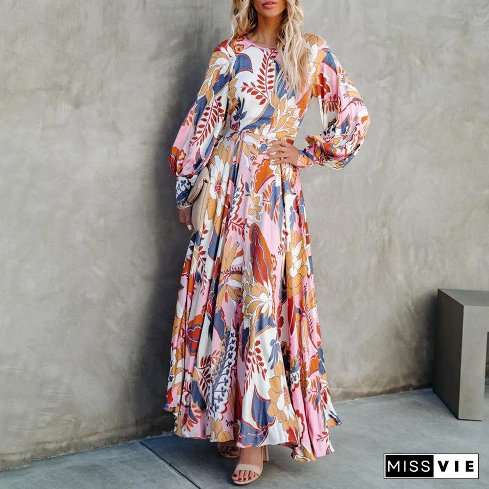 Trendy Fllower Graphic Lantern Sleeve Maxi Dress