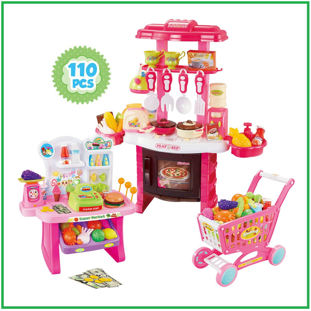 Mundo Toys 110 Piece Kitchen Set for Kids with Mini Supermarket for Girls