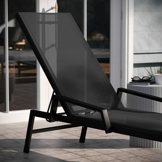 Emma And Oliver Textilene Adjustable 5 Position Patio Chaise Lounge With Armrests And Metal Frame