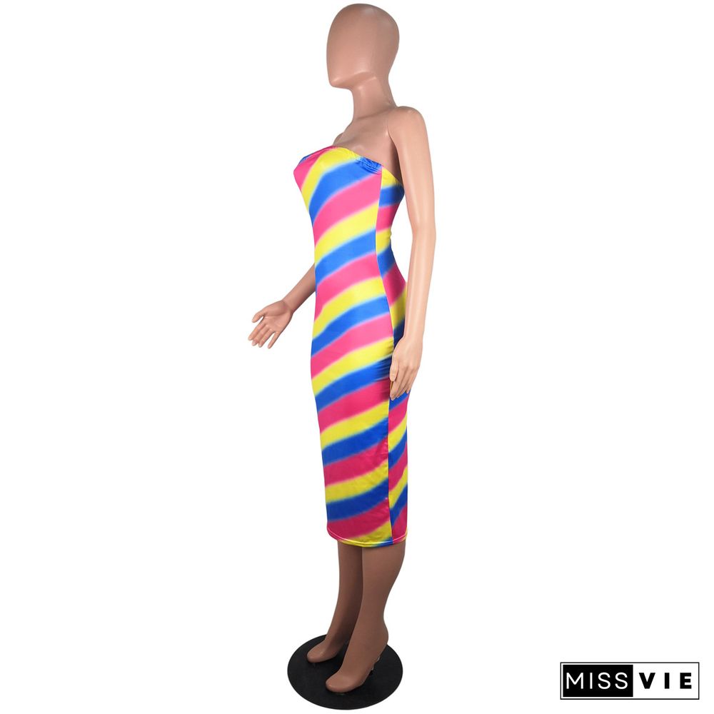 Rainbow Stripes Sexy Strapless Maxi Dress