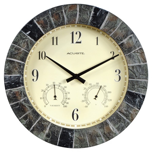 Outdoor Indoor Wall Clock With Thermometer And Humidity Faux Slate Finish Acurite