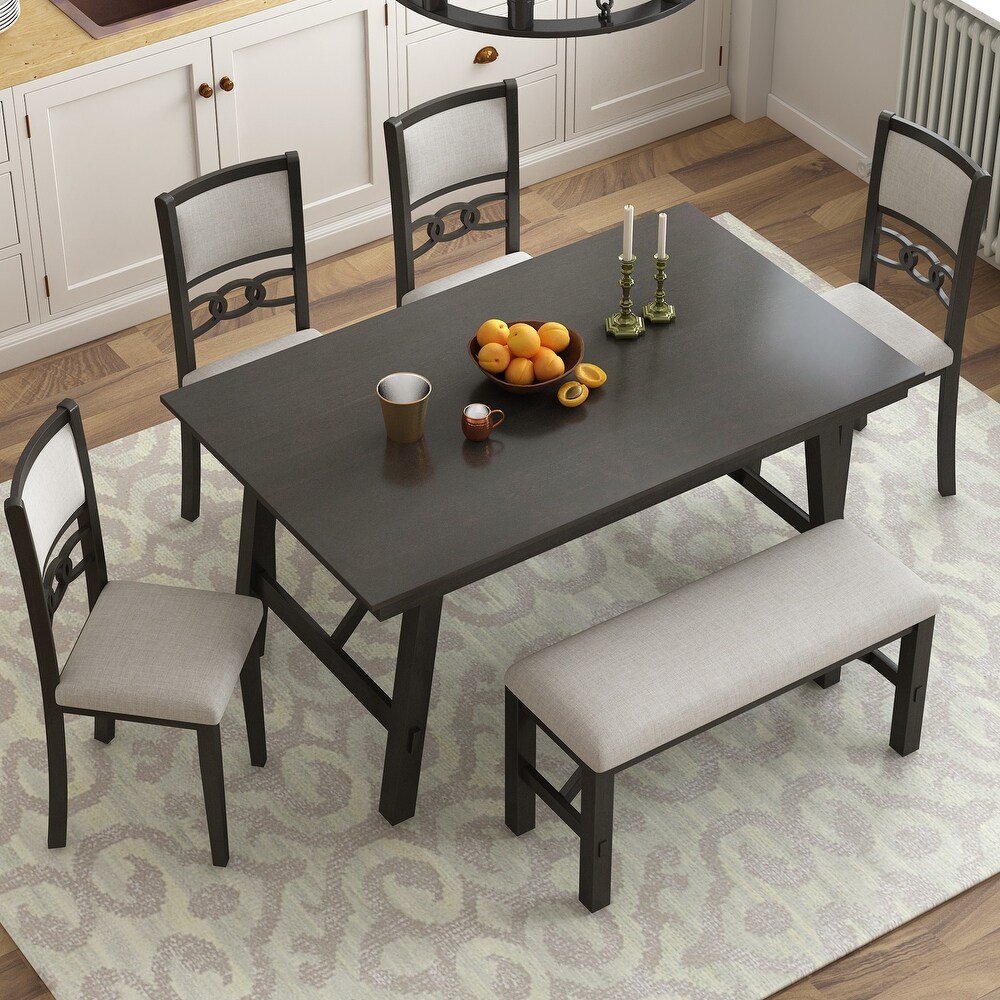 6 Piece Rectangular Dining Table Set w/Upholstered Chairs   Bench Grey