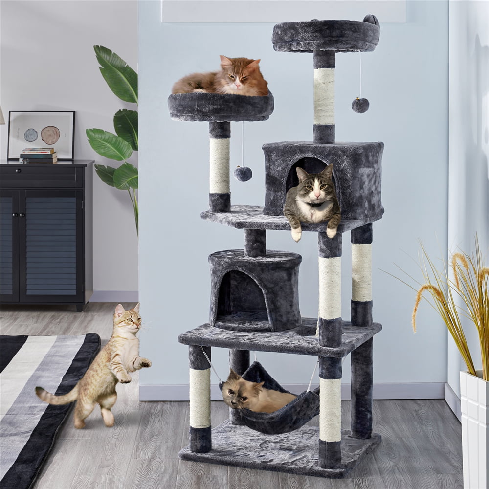 SMILE MART 62.2" Double Condo Cat Tree and Scratching Post Tower, Dark Gray