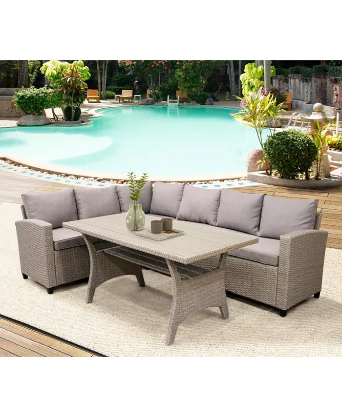 Simplie Fun Patio Outdoor Furniture PE Rattan Wicker Conversation Set All-Weather Sectional Sofa Set with Table and Soft Cushions (Brown)