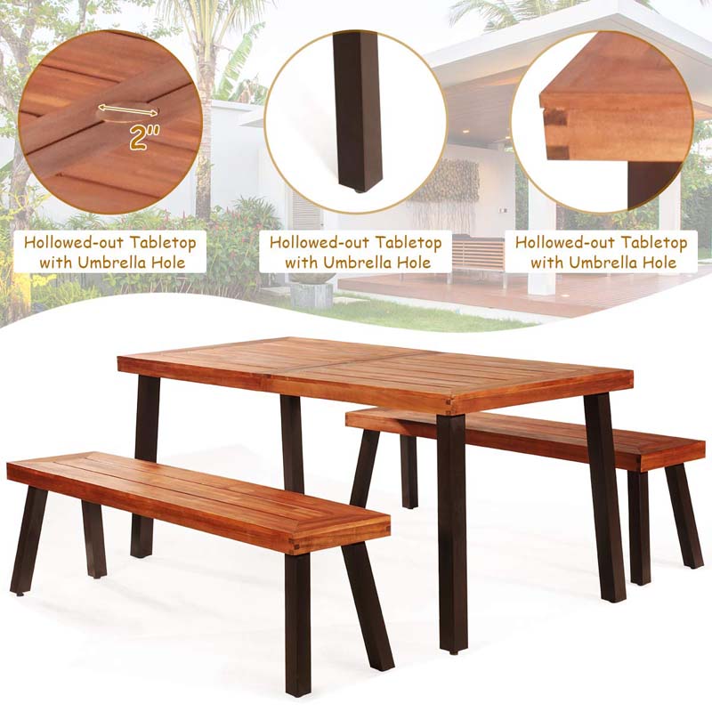 3 Pcs Rustic Acacia Wood Patio Dining Table Set with 2 Benches, Outdoor Picnic Table Bench Set with Umbrella Hole