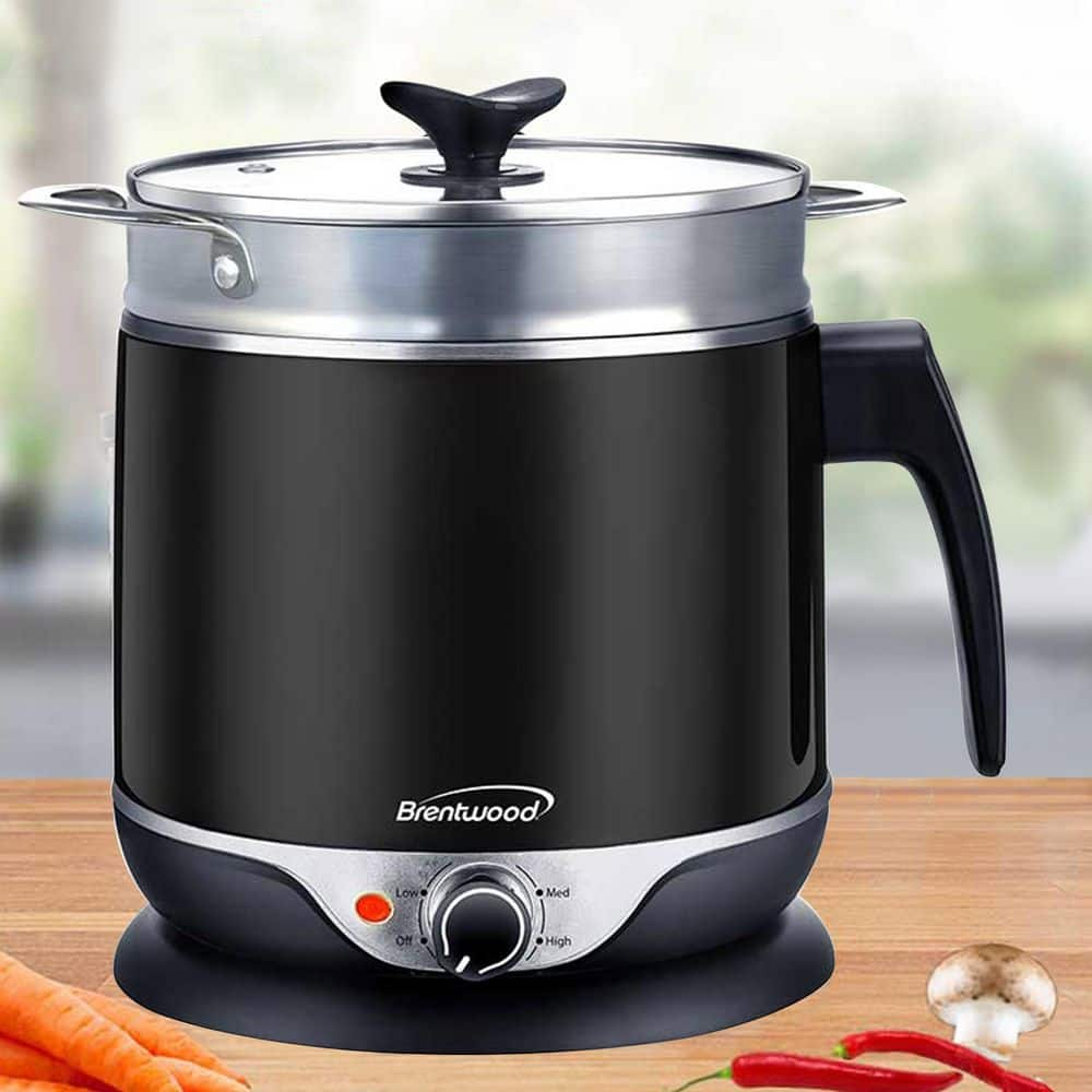 Brentwood Stainless Steel 1.9 qt. Cordless Electric Hot Pot Cooker and Food Steamer in Black 985117019M