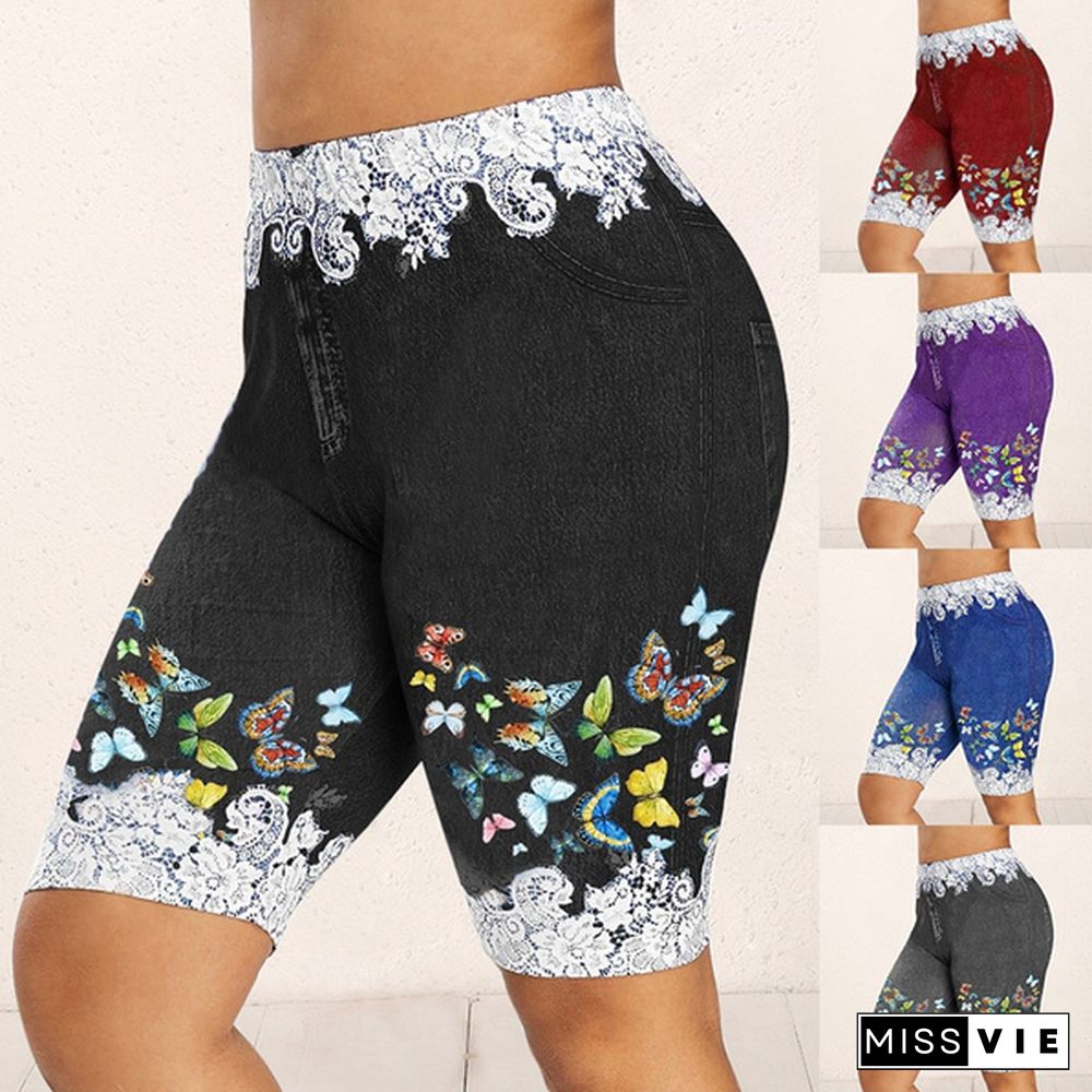 Women Pants Colorful Butterflies Print leggings Casual Faux Denim Jean Shorts Pants Ladies Summer Clothes Plus Size S-5XL