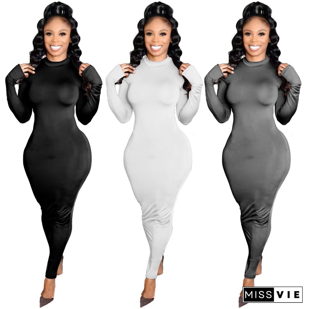 Solid Long Sleeve O Neck Backless Pencil Dress