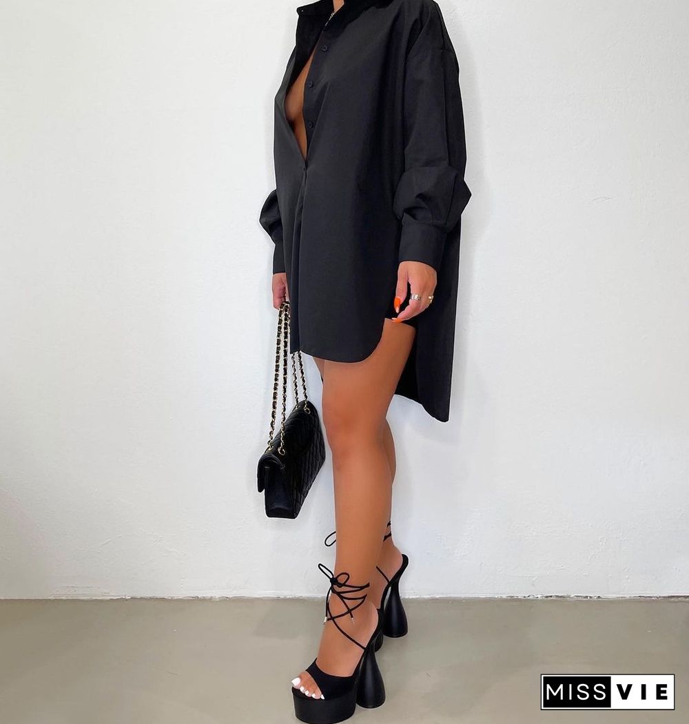 Solid Side Slit Long Sleeve Button Up Shirt Dress