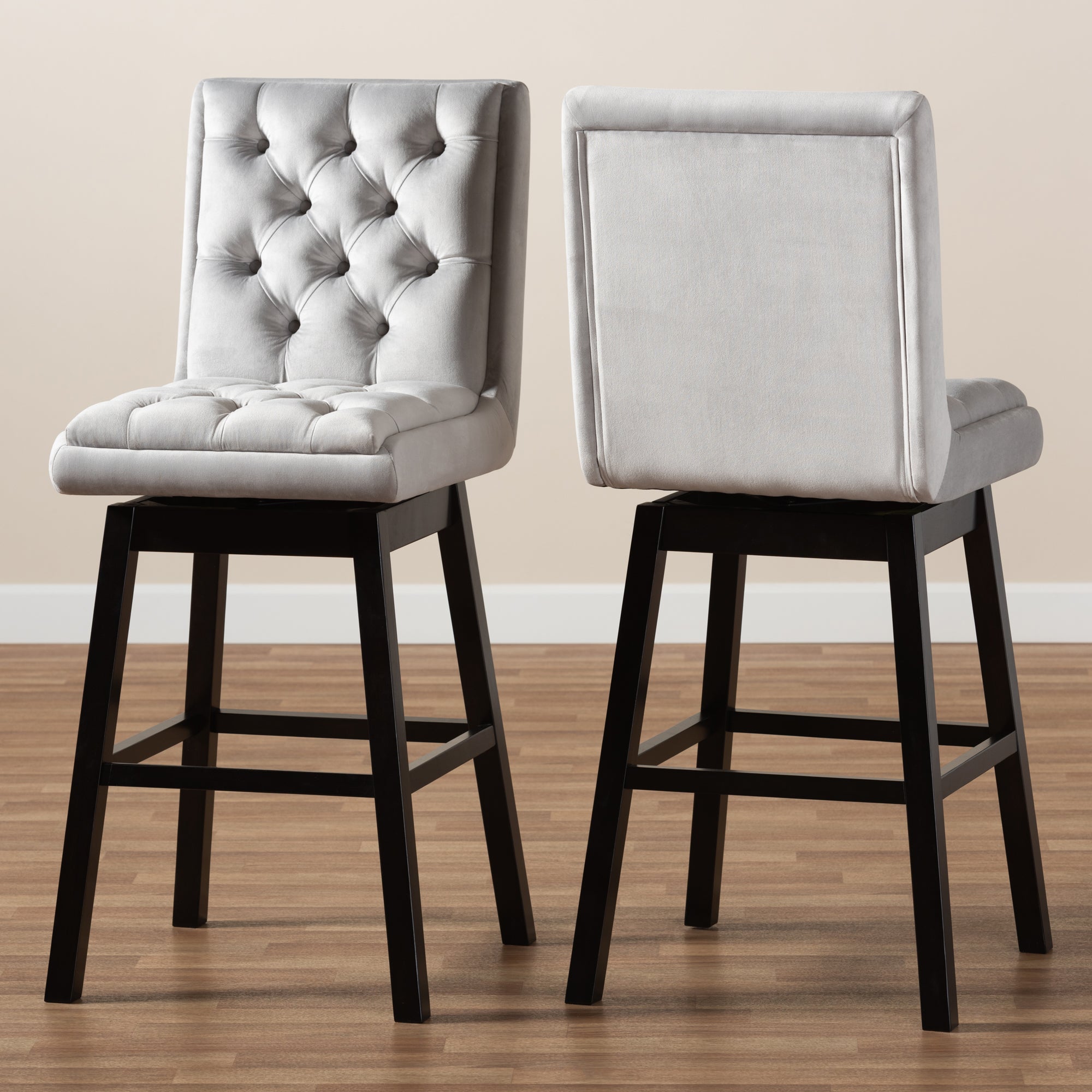 Baxton Studio Gregory Modern Transitional Light Grey Velvet Fabric Upholstered and Dark Brown Finished Wood 2-Piece Swivel Bar Stool Set Set