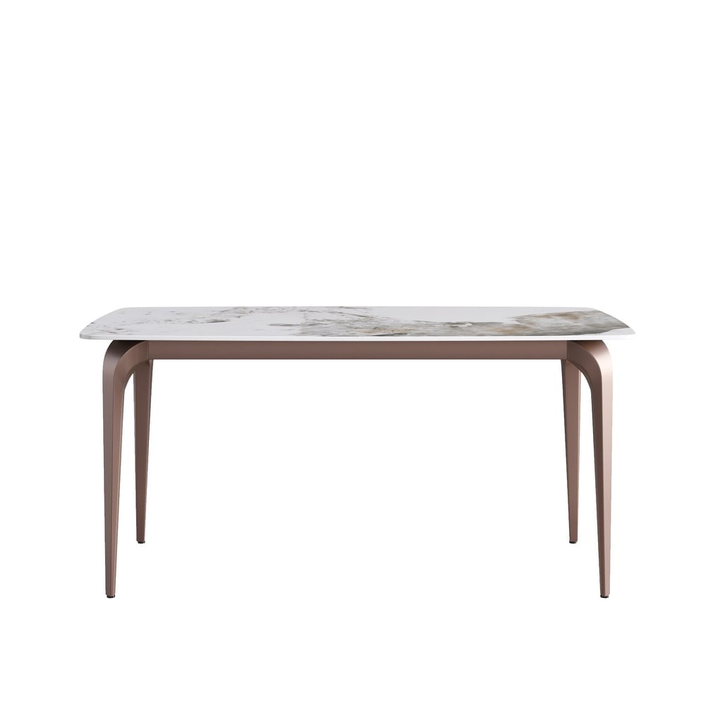 63 Inch White Artificial Stone and Metal Leg Dining Table for 6 People