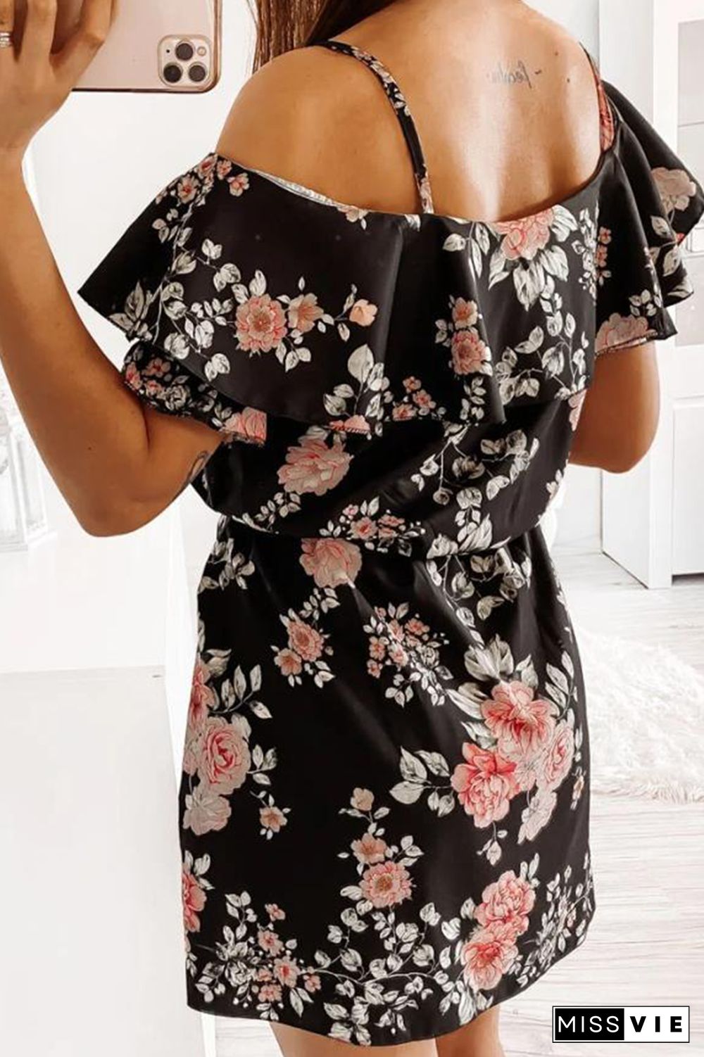 Elegant Floral Frenulum Flounce V Neck A Line Dresses